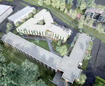 aerial rendering of a modern multi-story building