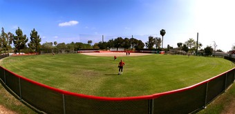 a wide angle view of a softball field