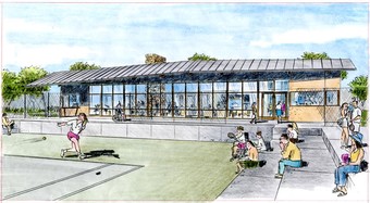 a drawing of building next to a tennis court