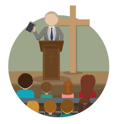 a preacher behind a podium on stage holding a book