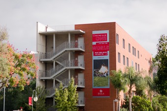 a building with a banner on one wall