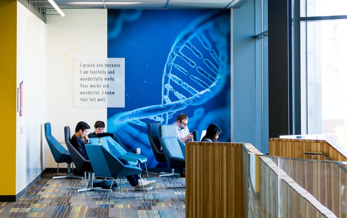 students sitting in front of a wall displaying an image of DNA