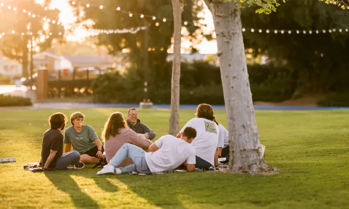 students sitting on a lawn during sunset